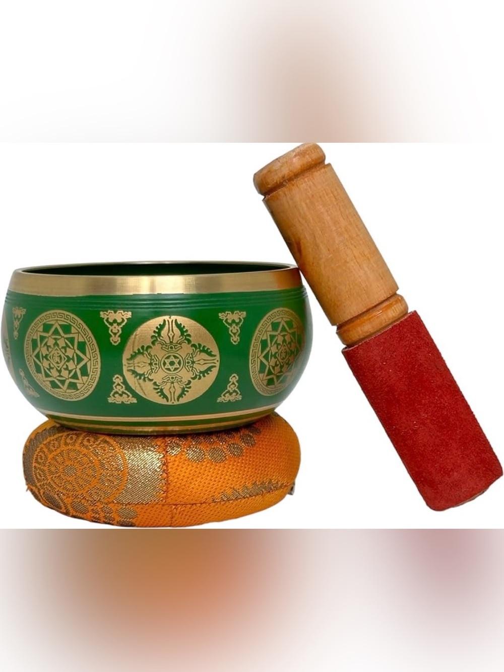 Green and Gold Singing Sound Song Bowl Set with Cushion and Mallet